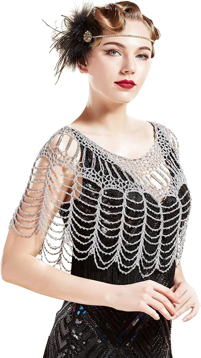BABEYOND 1920s Shawl Wraps Gatsby Beaded Evening Cape Bridal Shawl Bolero Flapper Cover Up