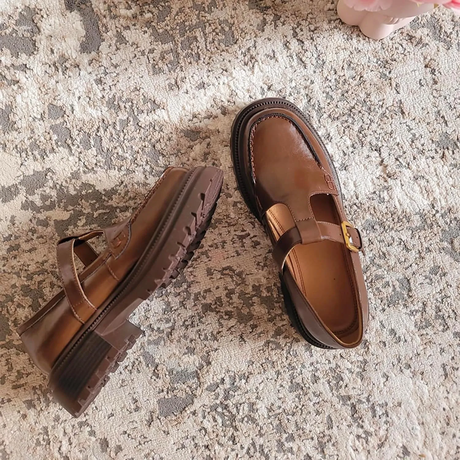 Chunky Loafer for Women T-Strap Penny Loafer Comfortable Office Shoes Buckle Low Heel Shoes Causal Loafer Lug Sole