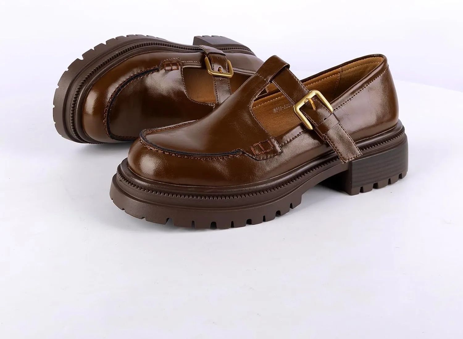 Chunky Loafer for Women T-Strap Penny Loafer Comfortable Office Shoes Buckle Low Heel Shoes Causal Loafer Lug Sole