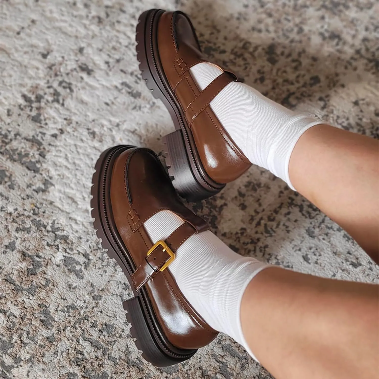 Chunky Loafer for Women T-Strap Penny Loafer Comfortable Office Shoes Buckle Low Heel Shoes Causal Loafer Lug Sole