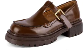 Chunky Loafer for Women T-Strap Penny Loafer Comfortable Office Shoes Buckle Low Heel Shoes Causal Loafer Lug Sole