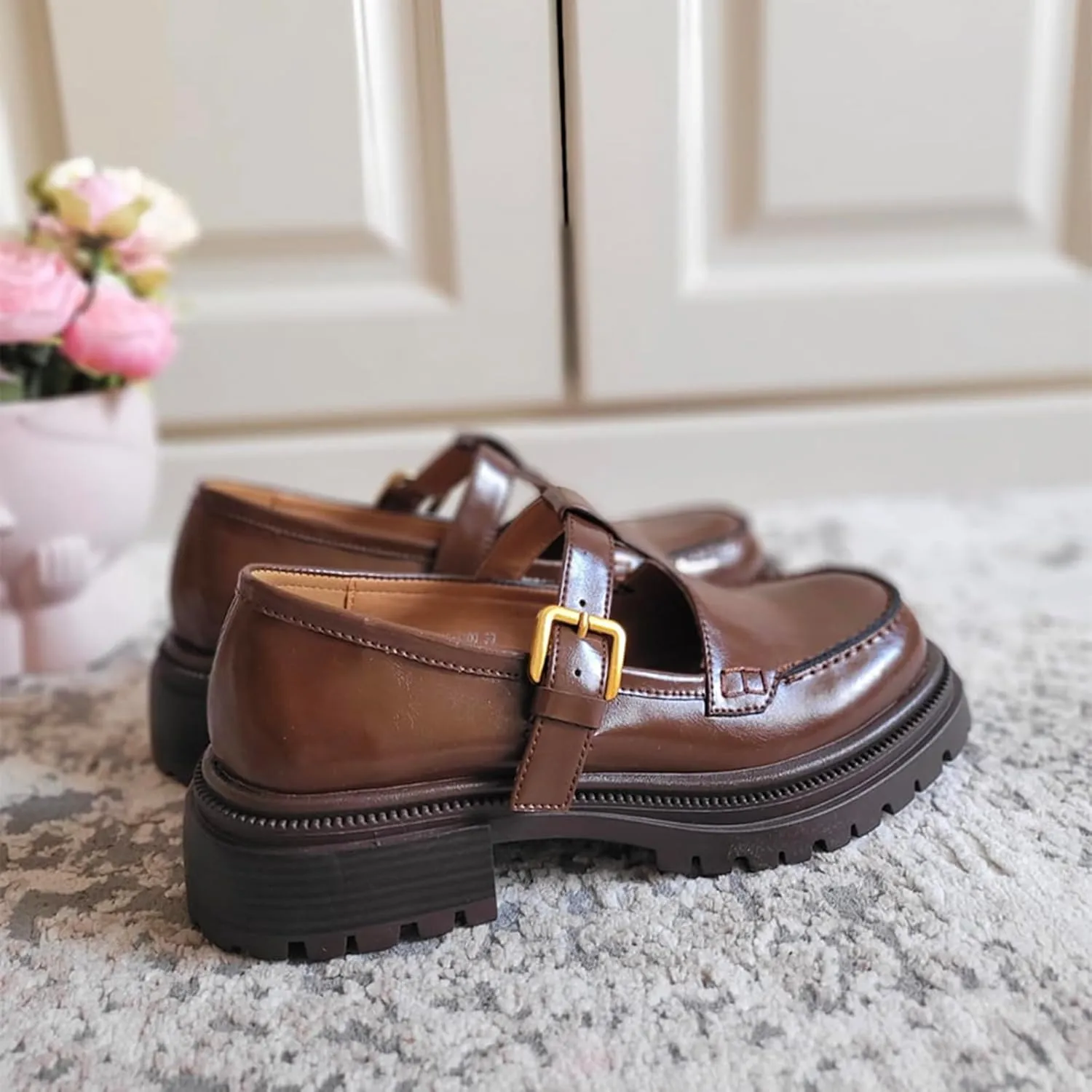 Chunky Loafer for Women T-Strap Penny Loafer Comfortable Office Shoes Buckle Low Heel Shoes Causal Loafer Lug Sole