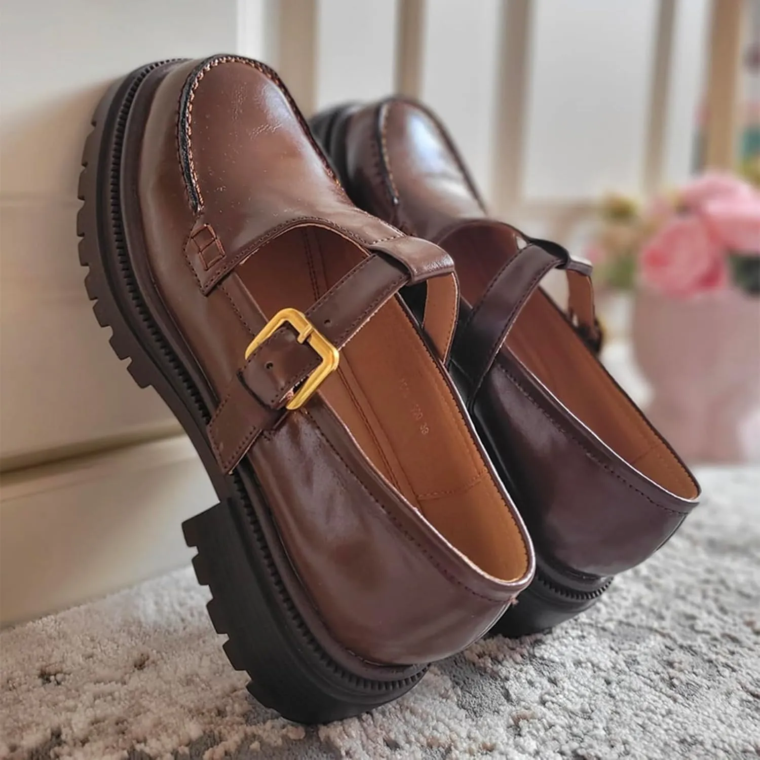 Chunky Loafer for Women T-Strap Penny Loafer Comfortable Office Shoes Buckle Low Heel Shoes Causal Loafer Lug Sole