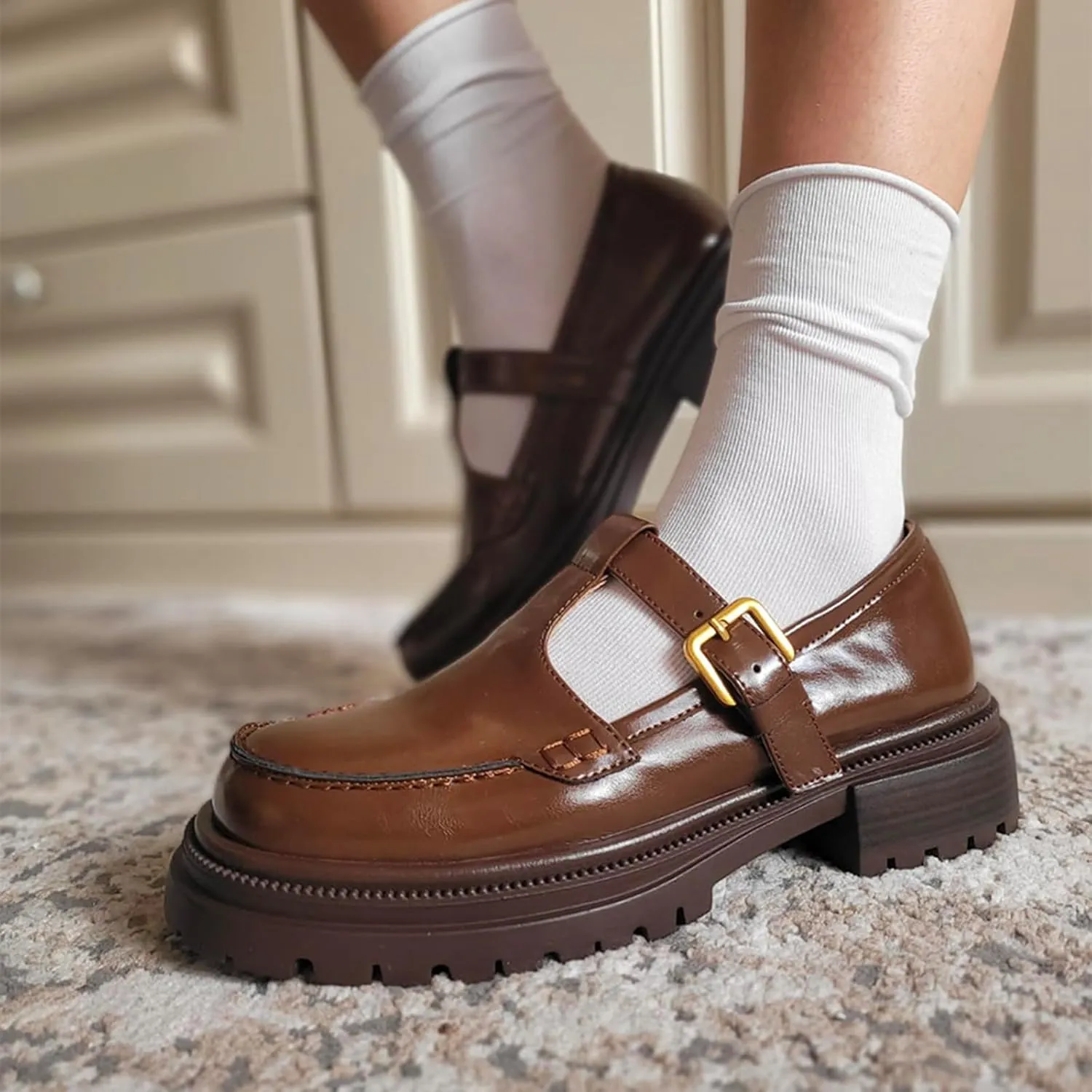 Chunky Loafer for Women T-Strap Penny Loafer Comfortable Office Shoes Buckle Low Heel Shoes Causal Loafer Lug Sole