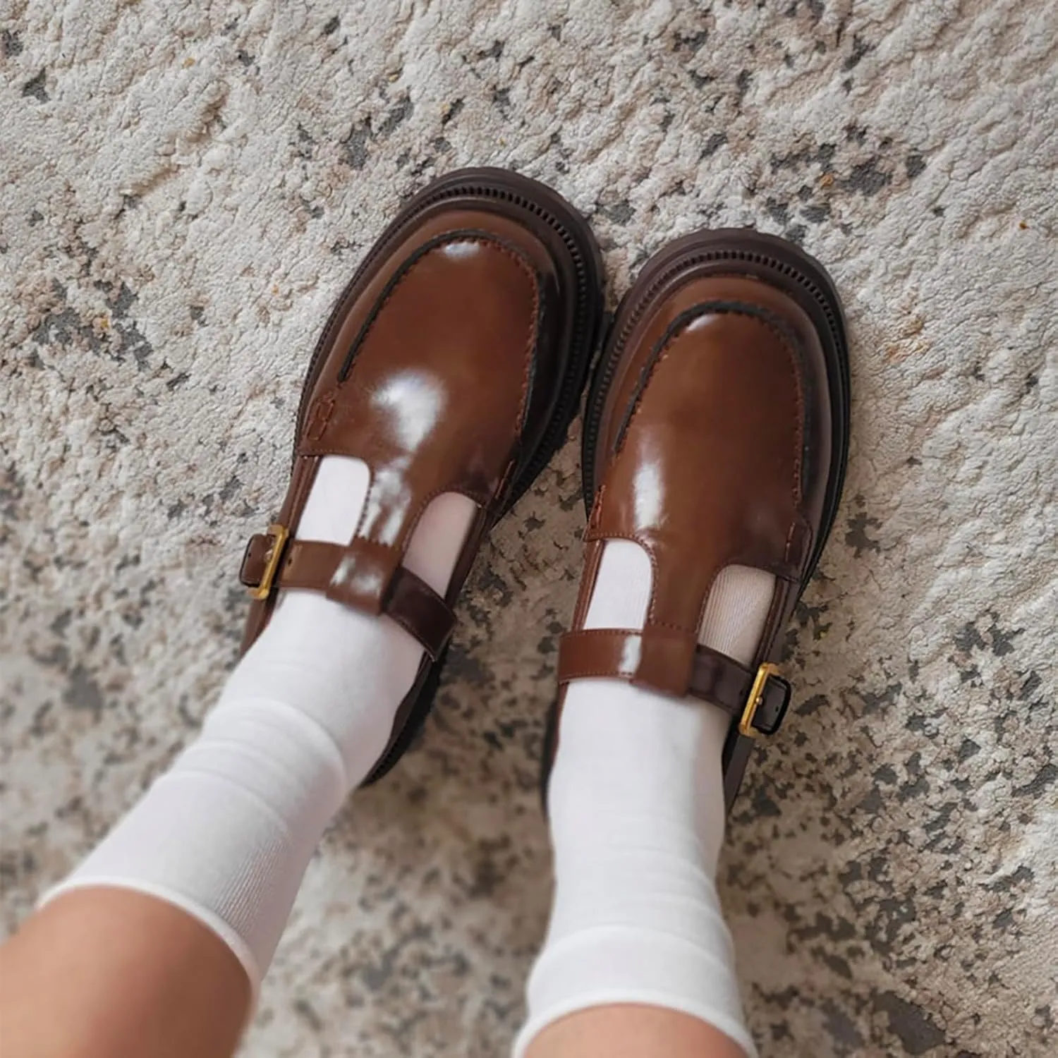 Chunky Loafer for Women T-Strap Penny Loafer Comfortable Office Shoes Buckle Low Heel Shoes Causal Loafer Lug Sole