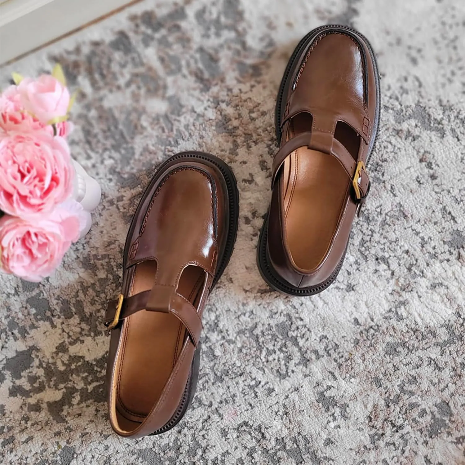 Chunky Loafer for Women T-Strap Penny Loafer Comfortable Office Shoes Buckle Low Heel Shoes Causal Loafer Lug Sole