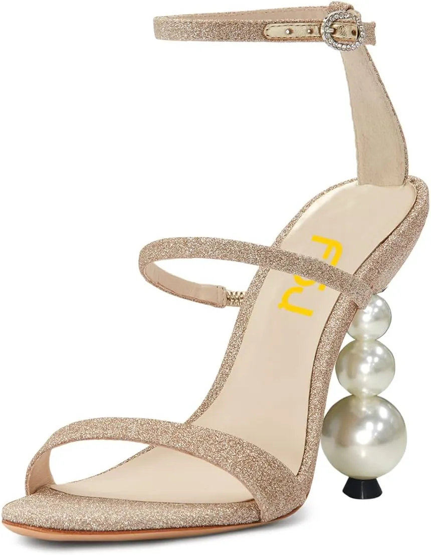 FSJ Women Elegant Open Toe Heeled Sandals Pearls Beaded High Heels Sexy Strappy Gladiator Shiny Rhinestone Ankle Strap Wedding Evening Party Dress Shoes Size 4-15 US