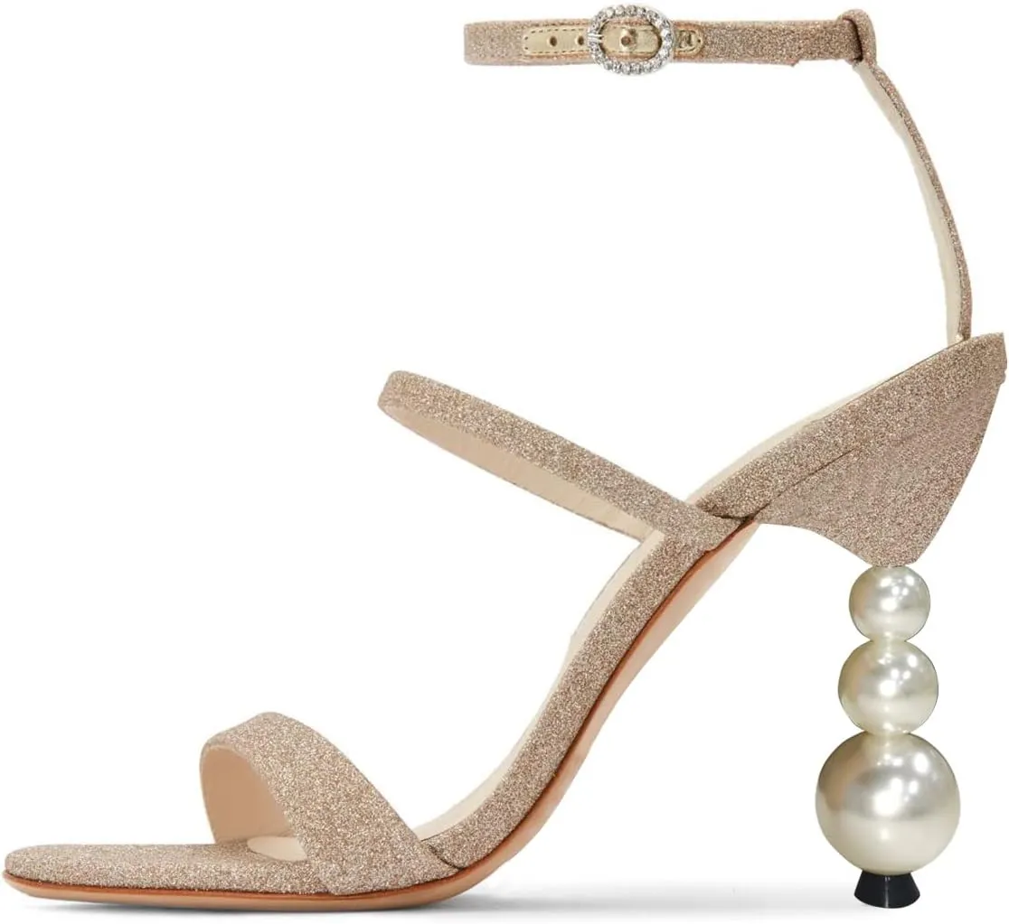 FSJ Women Elegant Open Toe Heeled Sandals Pearls Beaded High Heels Sexy Strappy Gladiator Shiny Rhinestone Ankle Strap Wedding Evening Party Dress Shoes Size 4-15 US