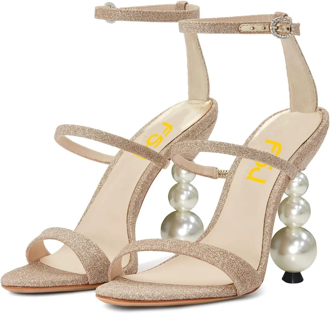 FSJ Women Elegant Open Toe Heeled Sandals Pearls Beaded High Heels Sexy Strappy Gladiator Shiny Rhinestone Ankle Strap Wedding Evening Party Dress Shoes Size 4-15 US