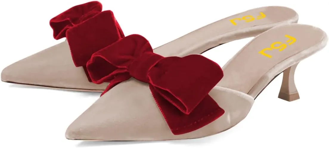 FSJ Women Velvet Kitten Low Heel Mules Sandals Slip On Bowknot Closed Toe Backless Sexy Casual Dress Summer Slipper Slides Size 4-15 US