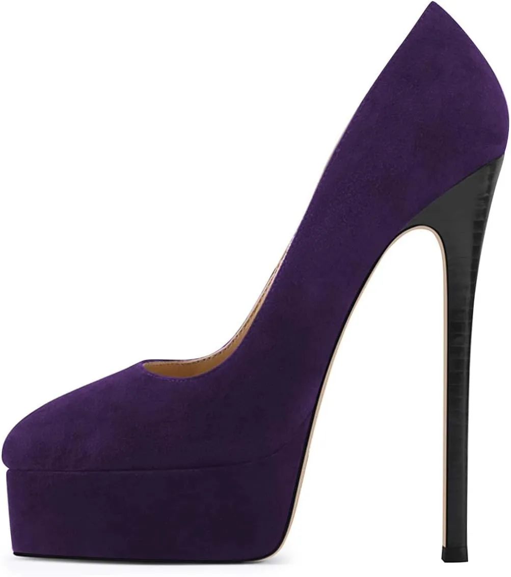 FSJ Women's Sexy High Heel Plaform Pumps Dress Stiletto Velvet Almond Toe Closed Toe Slip on Faux Suede Party Heeled Sandals Shoes Size 4-15 US