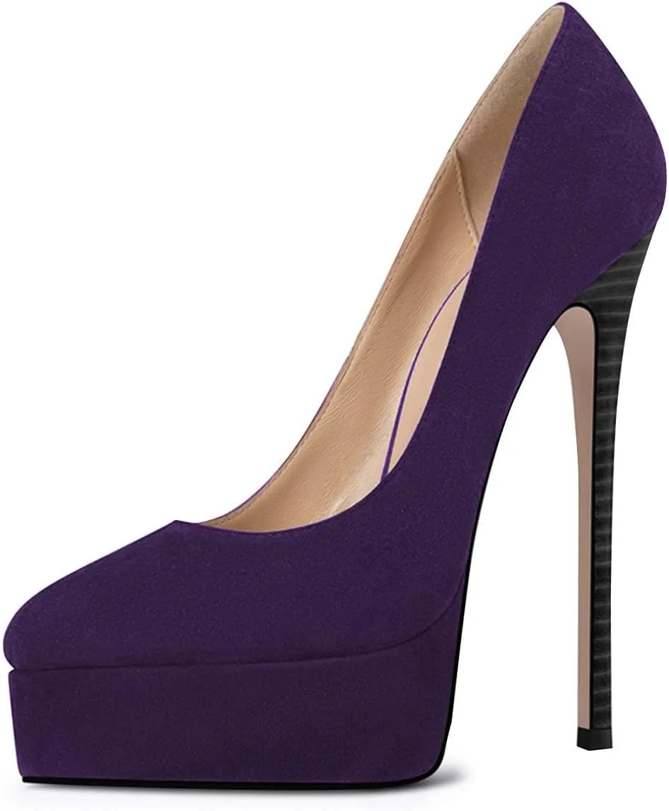 FSJ Women's Sexy High Heel Plaform Pumps Dress Stiletto Velvet Almond Toe Closed Toe Slip on Faux Suede Party Heeled Sandals Shoes Size 4-15 US