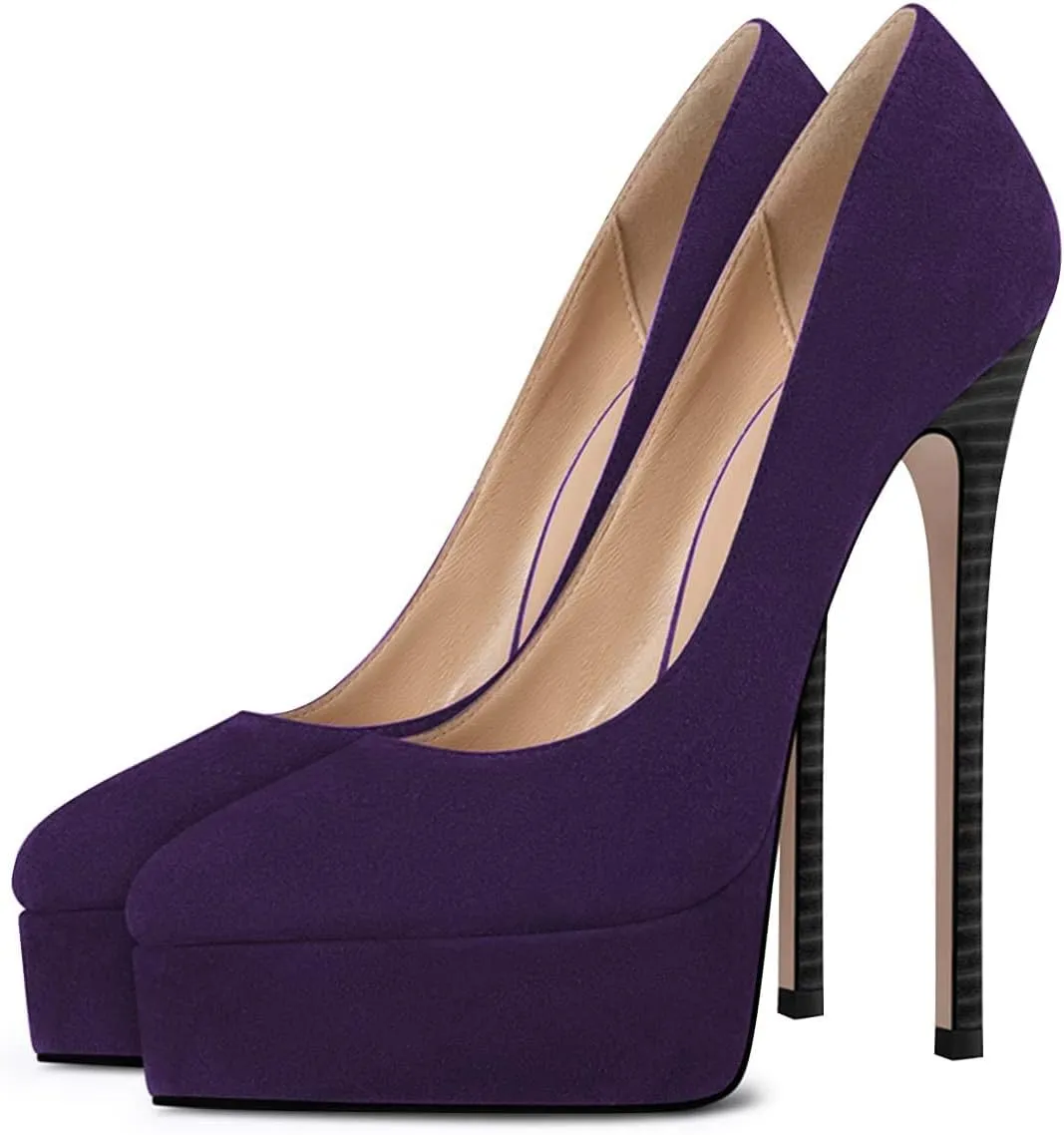FSJ Women's Sexy High Heel Plaform Pumps Dress Stiletto Velvet Almond Toe Closed Toe Slip on Faux Suede Party Heeled Sandals Shoes Size 4-15 US