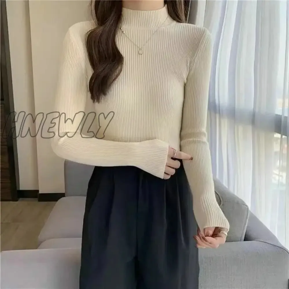 Hnewly Winter Turtleneck Sweater Women Elegant Lined Warm Knitted Pullover Slim Long Sleeve Tops High Neck Jersey Knitwear Jumper New