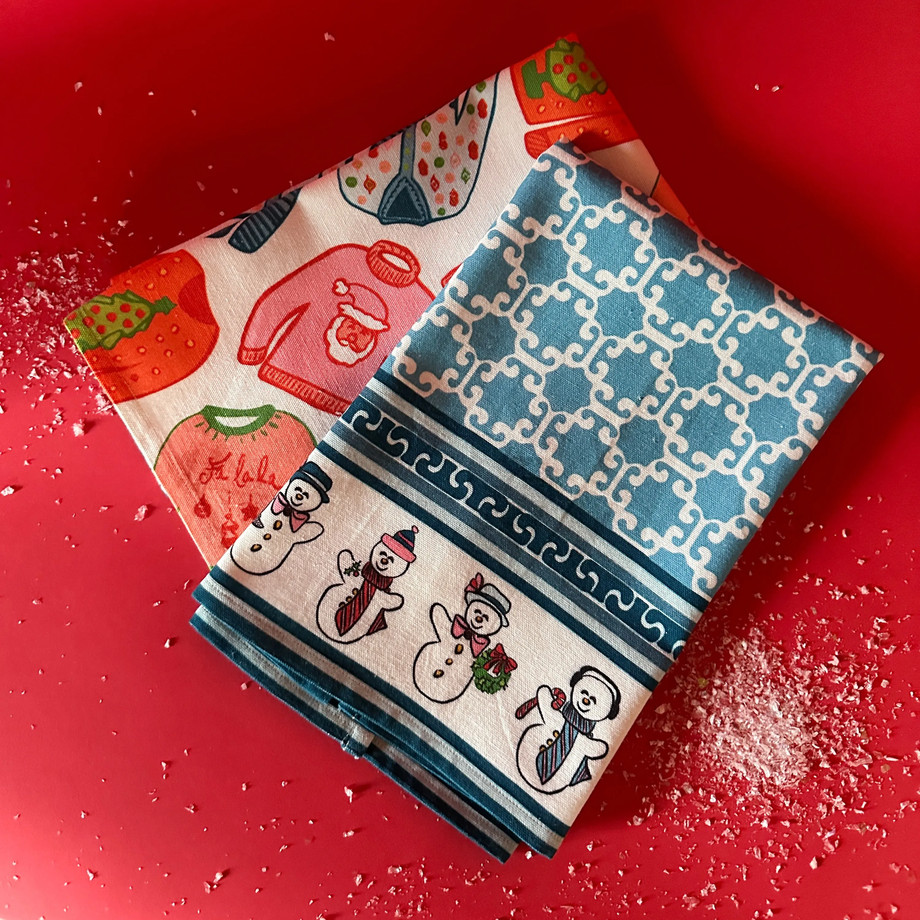 Holiday Sweaters and Frolicking Snowmen Christmas Tea Towel Set
