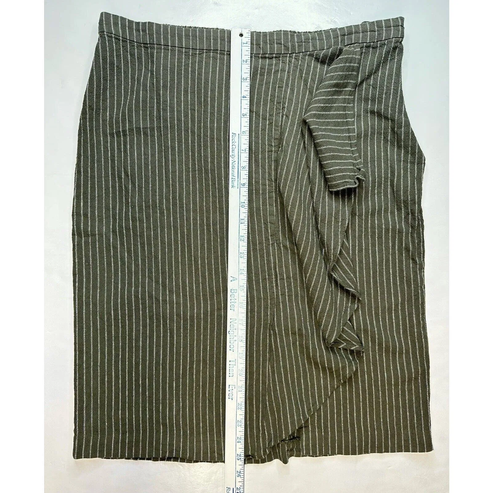 J Jill Ruffle Pencil Skirt Womens Large Petite Green Stripe Linen Blend Side Zip