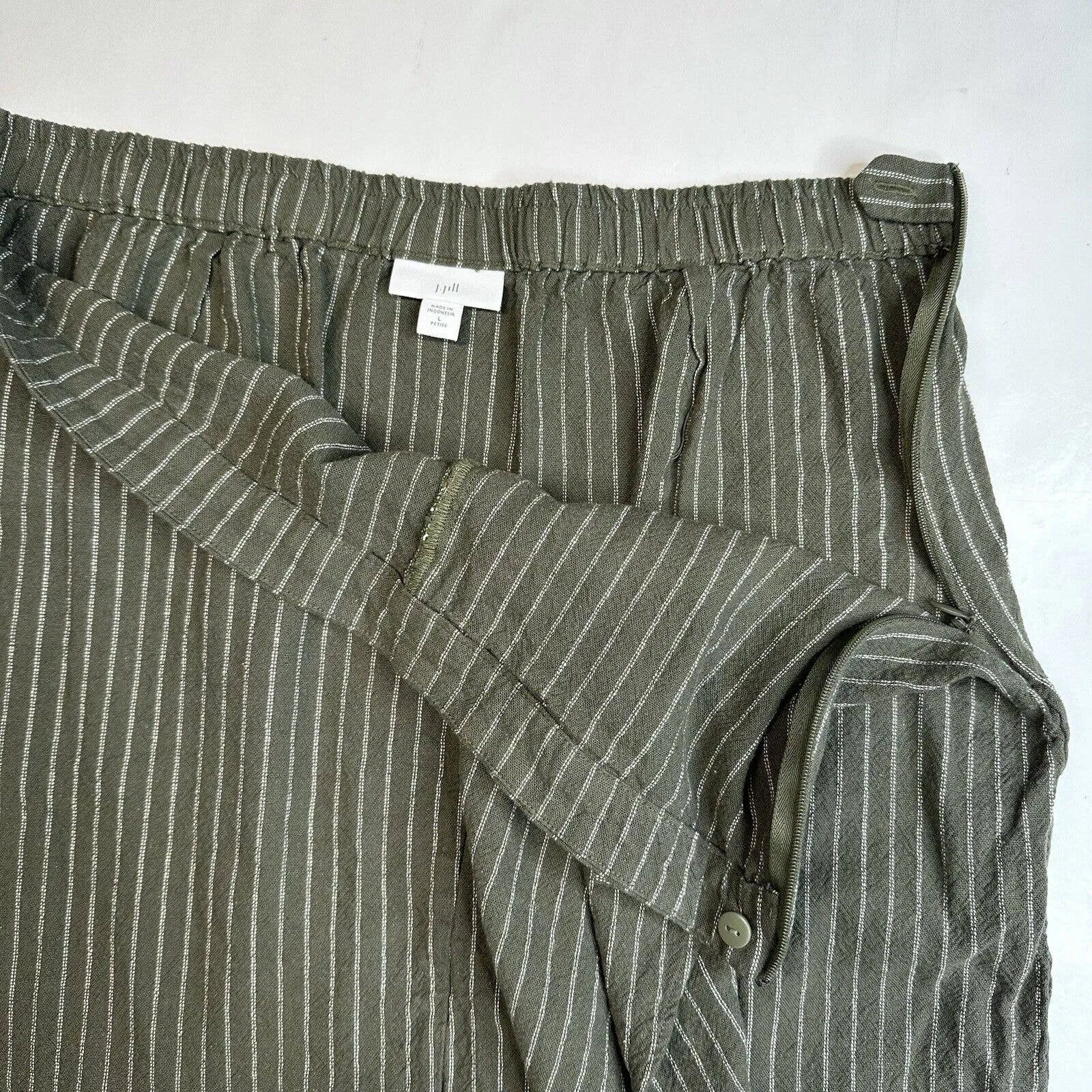 J Jill Ruffle Pencil Skirt Womens Large Petite Green Stripe Linen Blend Side Zip
