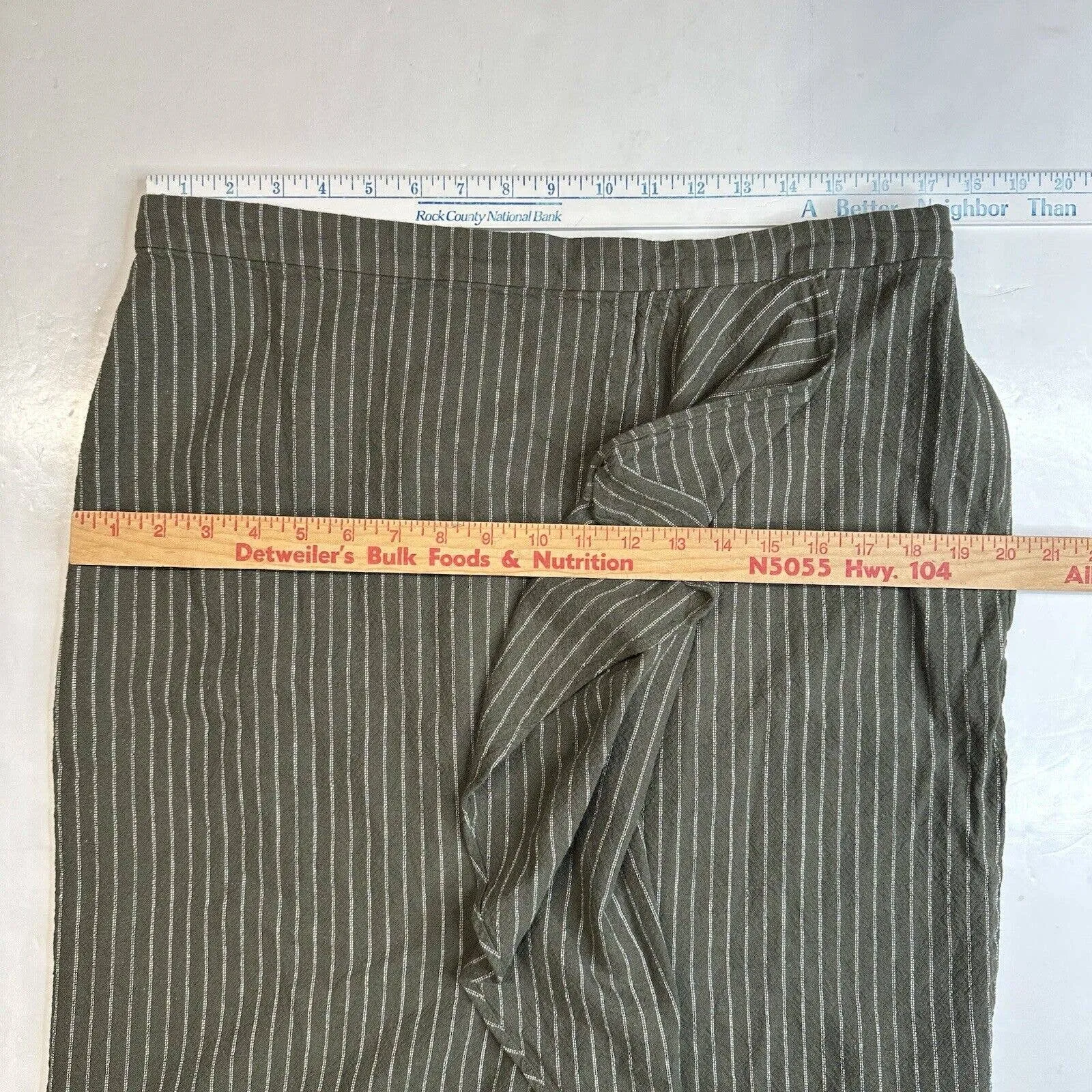 J Jill Ruffle Pencil Skirt Womens Large Petite Green Stripe Linen Blend Side Zip