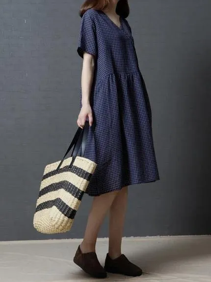 Modern v neck Cinched cotton dress Shirts navy plaid Dress
