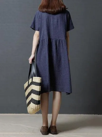 Modern v neck Cinched cotton dress Shirts navy plaid Dress