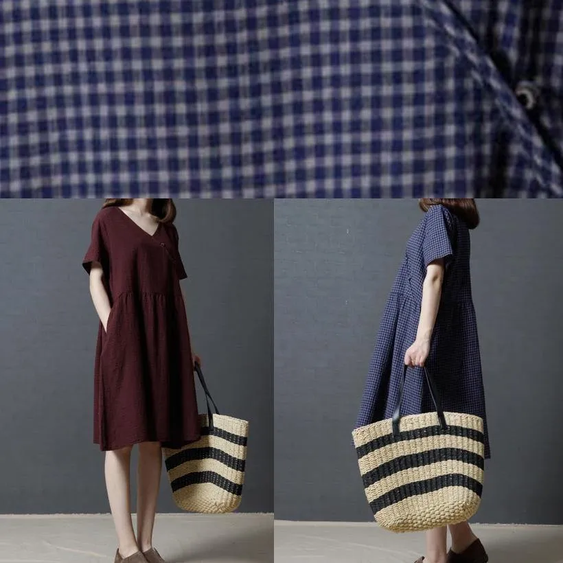 Modern v neck Cinched cotton dress Shirts navy plaid Dress