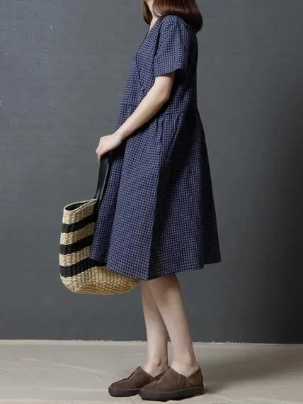 Modern v neck Cinched cotton dress Shirts navy plaid Dress