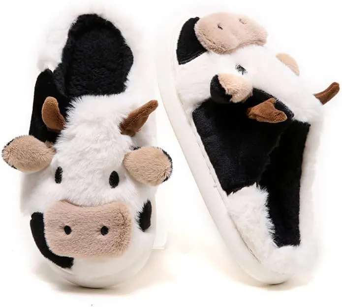 PLMOKN Cow Slippers For Women Indoor And Outdoor Mens House Cute Fuzzy Keep Warm Animal Cloud Slides