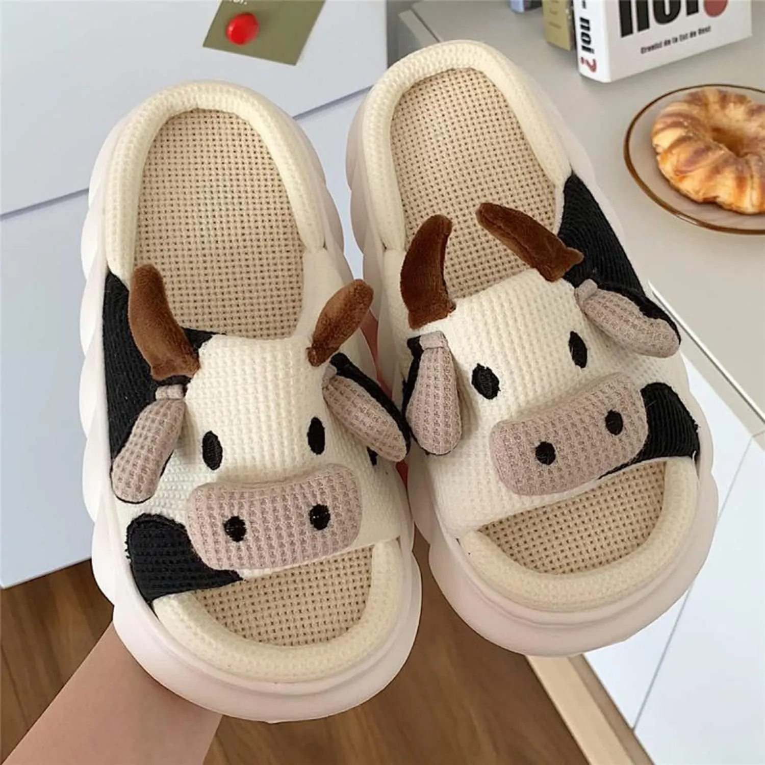 PLMOKN Cow Slippers For Women Indoor And Outdoor Mens House Cute Fuzzy Keep Warm Animal Cloud Slides