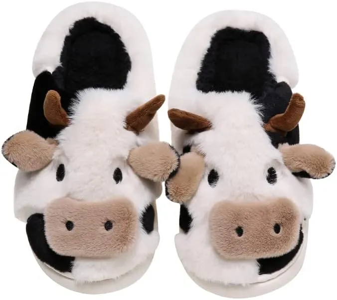 PLMOKN Cow Slippers For Women Indoor And Outdoor Mens House Cute Fuzzy Keep Warm Animal Cloud Slides