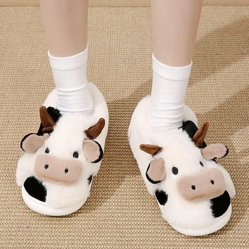 PLMOKN Cow Slippers For Women Indoor And Outdoor Mens House Cute Fuzzy Keep Warm Animal Cloud Slides