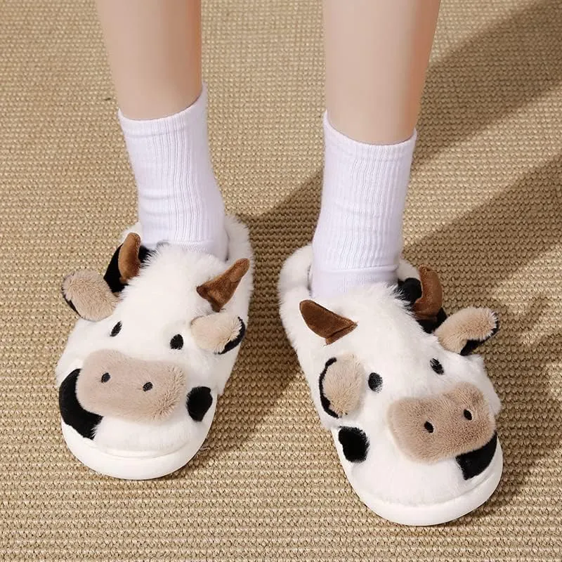 PLMOKN Cow Slippers For Women Indoor And Outdoor Mens House Cute Fuzzy Keep Warm Animal Cloud Slides