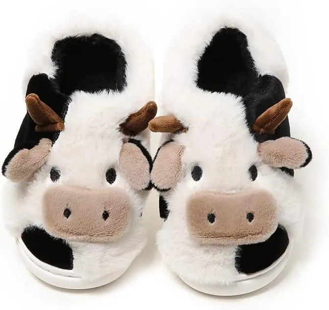 PLMOKN Cow Slippers For Women Indoor And Outdoor Mens House Cute Fuzzy Keep Warm Animal Cloud Slides