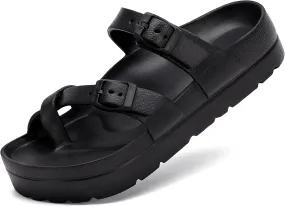 SOSOWHLTE Womens Platform Sandals Adjustable Buckle Summer Arch Support Cushion Slides Woman Lightweight Thick Soles Flat Shoes
