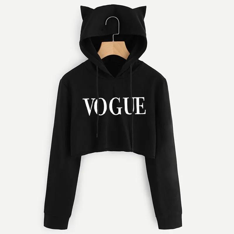 VenusFox Black Long Sleeve Cropped Loose Hoodie