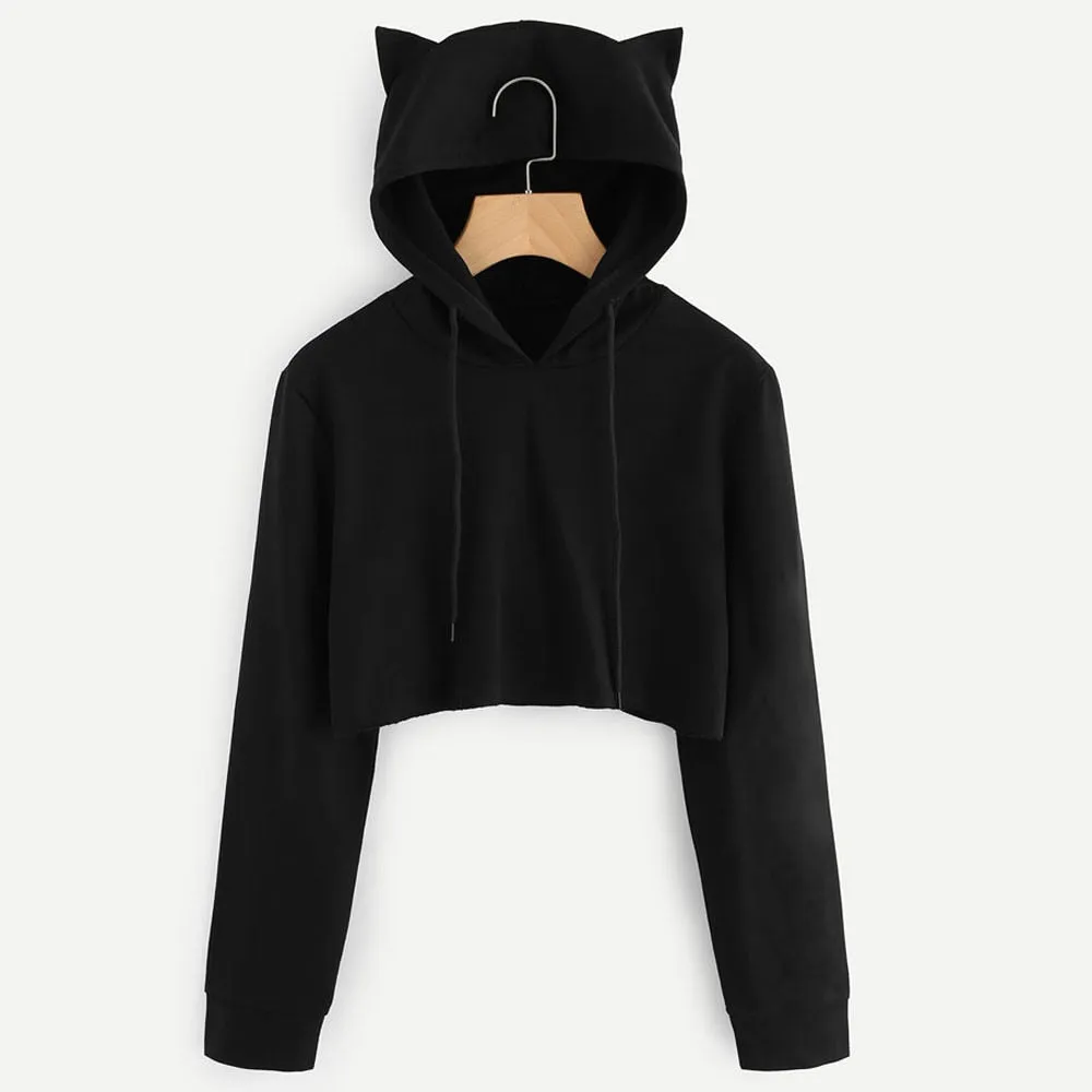 VenusFox Black Long Sleeve Cropped Loose Hoodie