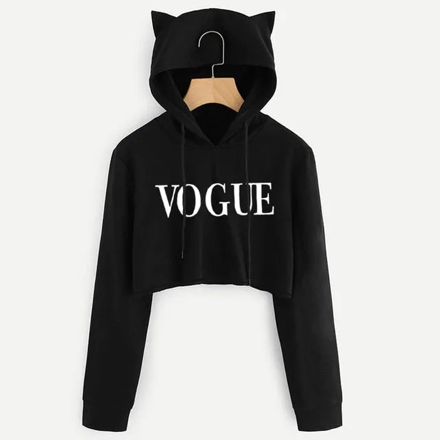 VenusFox Black Long Sleeve Cropped Loose Hoodie
