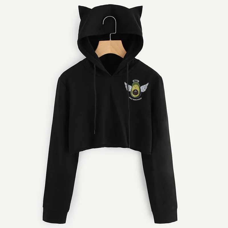 VenusFox Black Long Sleeve Cropped Loose Hoodie
