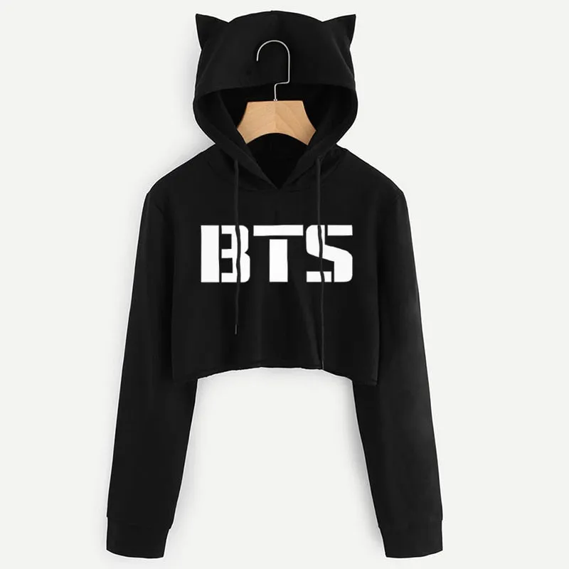 VenusFox Black Long Sleeve Cropped Loose Hoodie