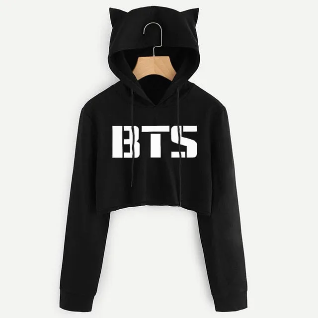 VenusFox Black Long Sleeve Cropped Loose Hoodie