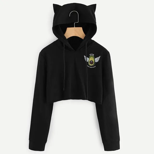 VenusFox Black Long Sleeve Cropped Loose Hoodie