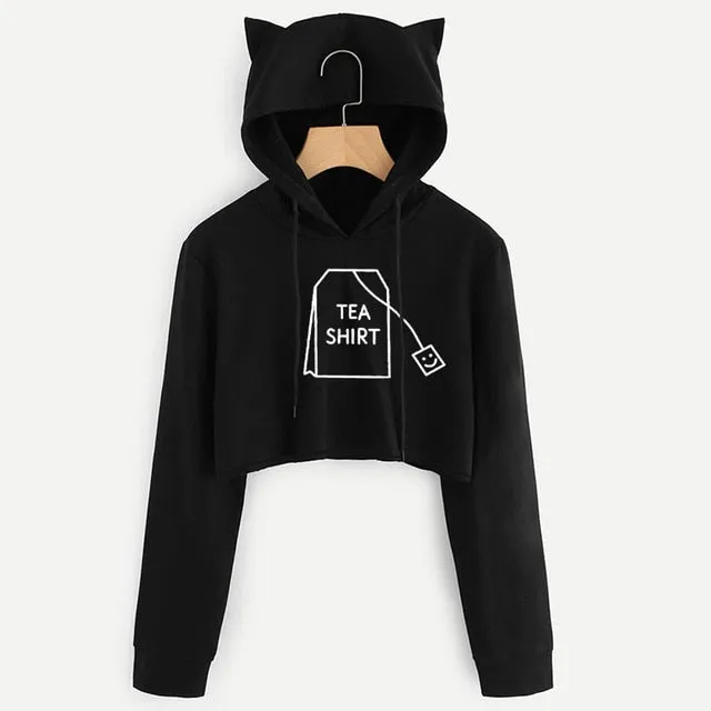 VenusFox Black Long Sleeve Cropped Loose Hoodie