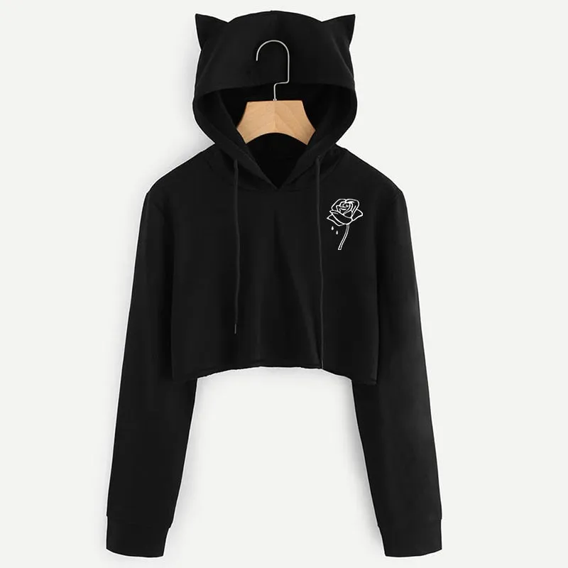 VenusFox Black Long Sleeve Cropped Loose Hoodie