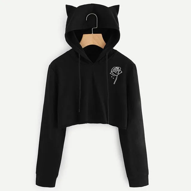 VenusFox Black Long Sleeve Cropped Loose Hoodie