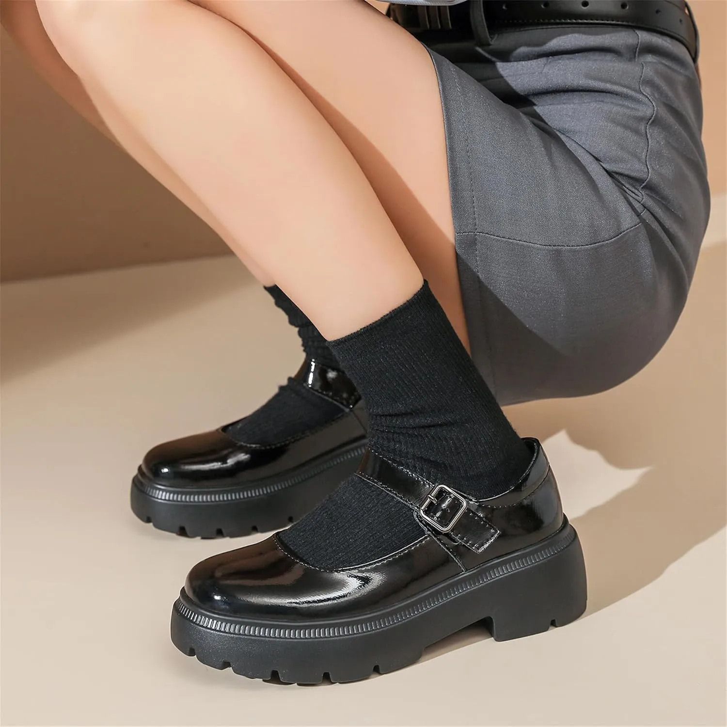 Veroders Platform Mary Janes for Women Round Toe Chunky Heels Dress Pumps Ankle Strap Oxfords Business Classic Formal School