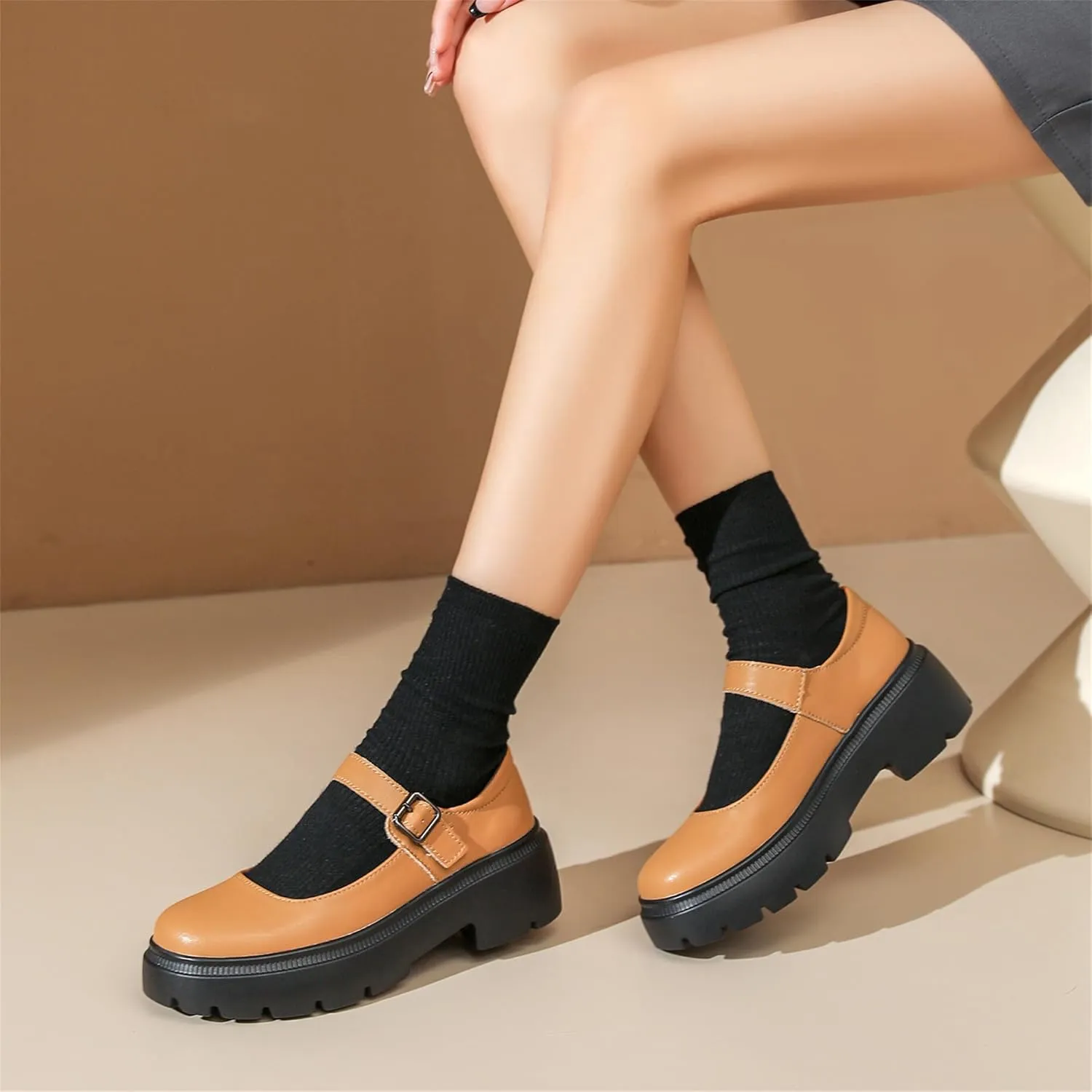 Veroders Platform Mary Janes for Women Round Toe Chunky Heels Dress Pumps Ankle Strap Oxfords Business Classic Formal School