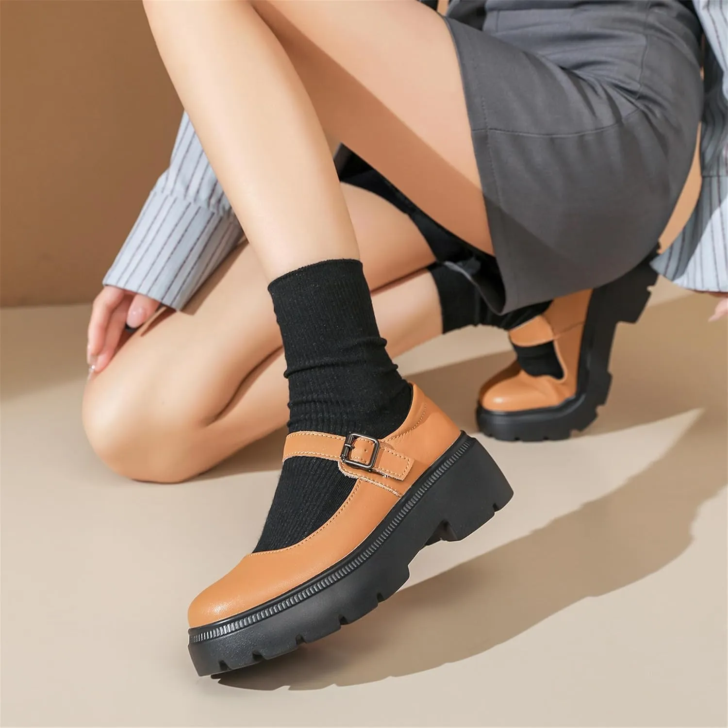 Veroders Platform Mary Janes for Women Round Toe Chunky Heels Dress Pumps Ankle Strap Oxfords Business Classic Formal School