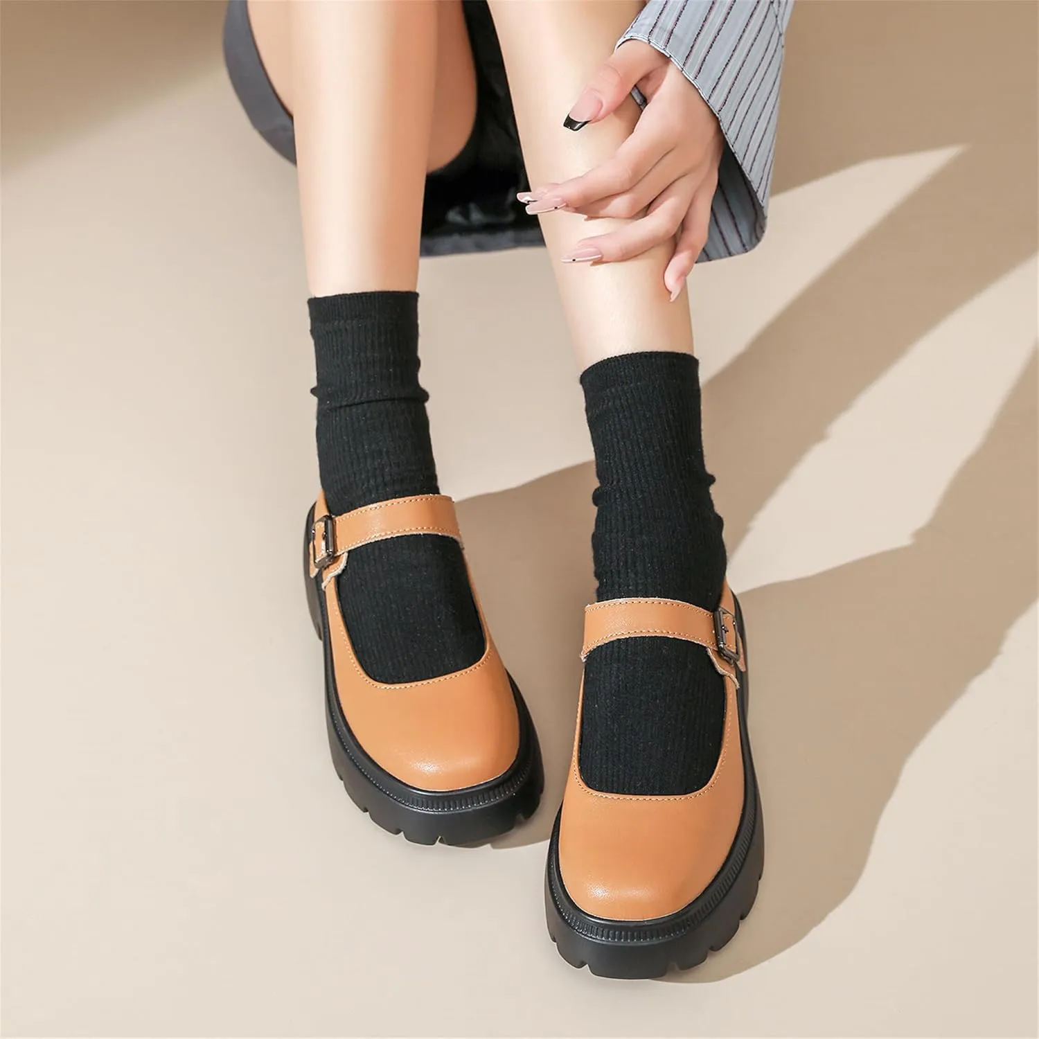 Veroders Platform Mary Janes for Women Round Toe Chunky Heels Dress Pumps Ankle Strap Oxfords Business Classic Formal School