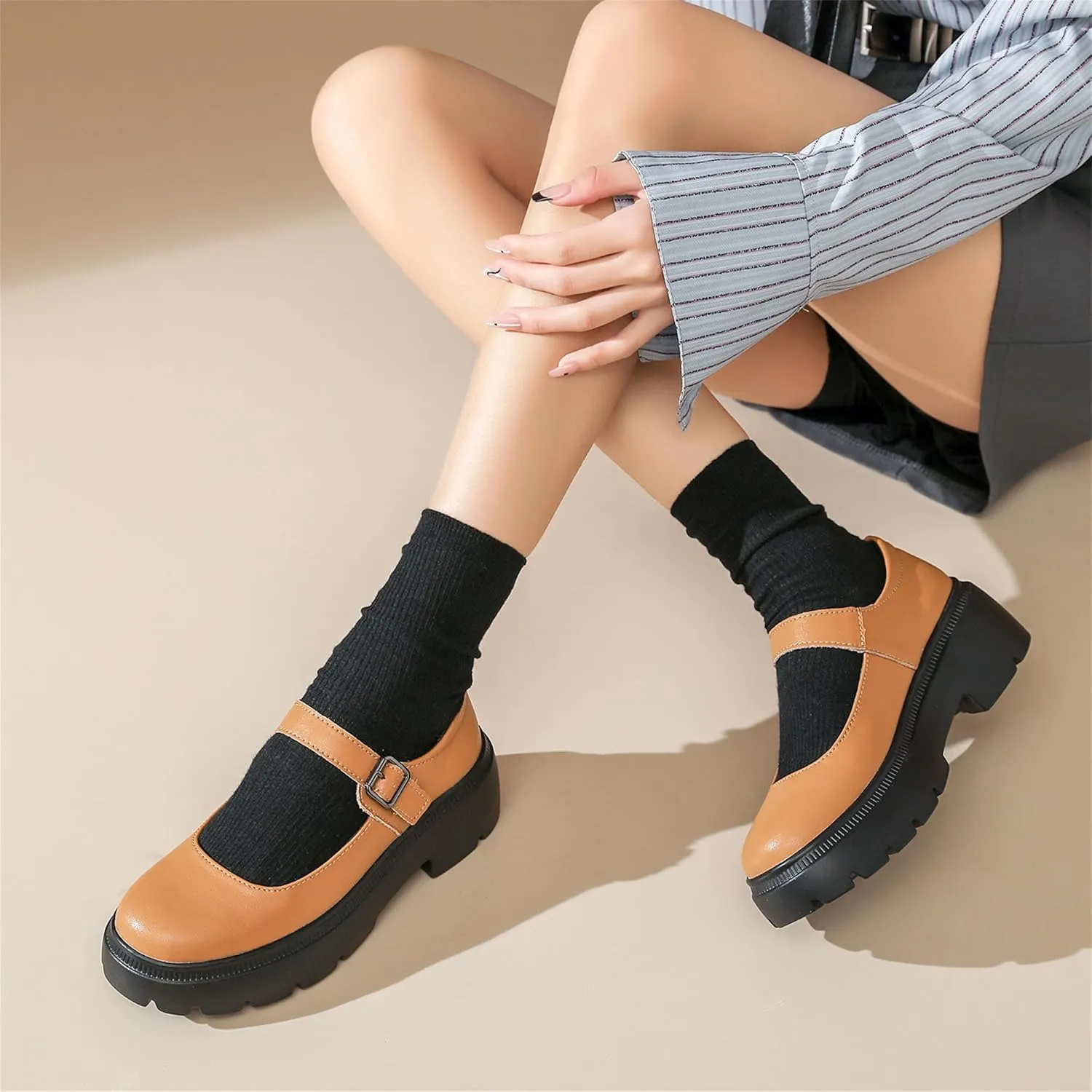Veroders Platform Mary Janes for Women Round Toe Chunky Heels Dress Pumps Ankle Strap Oxfords Business Classic Formal School