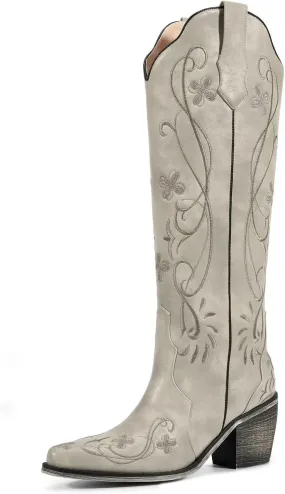 wetkiss Cowboy Boots for Women Knee High Cowgirl Boots, Western Boots with Floral Embroidered Pointed Toe Chunky Heel Pull On Retro Vintage Classic Tall Boots for Ladies