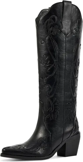 wetkiss Cowboy Boots for Women Knee High Cowgirl Boots, Western Boots with Floral Embroidered Pointed Toe Chunky Heel Pull On Retro Vintage Classic Tall Boots for Ladies